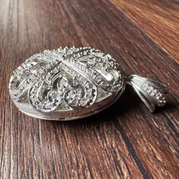 925 Sterling Silver STS Real Diamond Ornate Filigree Oval Locket Pendant Vintage - Picture 3 of 12